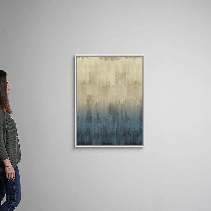 Abstract Drip Light Blue Tan by David Moore - Painting Print on Canvas Wrought Studio™ Size: 42" H x 32" W x 1.75" D Format: White Floater Framed Canvas