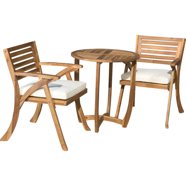 Round 2 - Person 28" Long Bistro Set with Cushions Red Barrel Studio® Frame Color/Cushion Color: Teak Frame/Cream Cushion