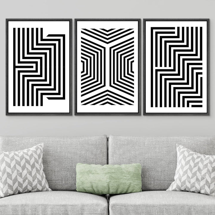" Black And White Stripes And Lines Geometric Patterns Abstract Shape Illustration Modern Art Chic " 3 - Pieces on Canvas wall26 Overall Size: 36" H x 24" W x 1.5" D Format: Black