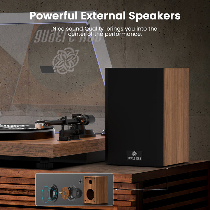 Angelshorn Stereo Decorative Record Player With Built-in Phono Preamp And Belt Drive Turntable, 2-speed Vinyl Record Player With 2 Pcs Bluetooth Bookshelf Speakers, Walnut ANGELSHORN