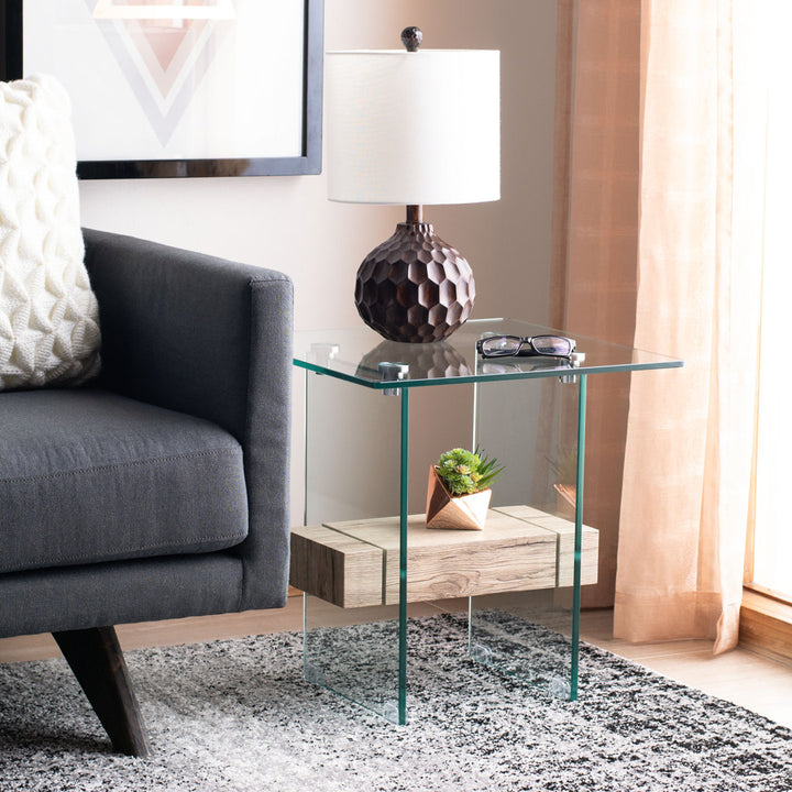 Kayley Glass Top Sled End Table with Storage Highland Dunes Color: Natural