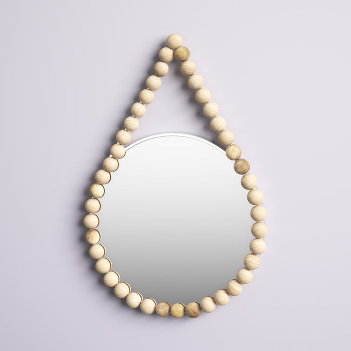36" Beaded Round Mirror Contemporary Boho Coastal White and Natural Hanging Wooden Wall Mirror Decor Mistana™ Teen