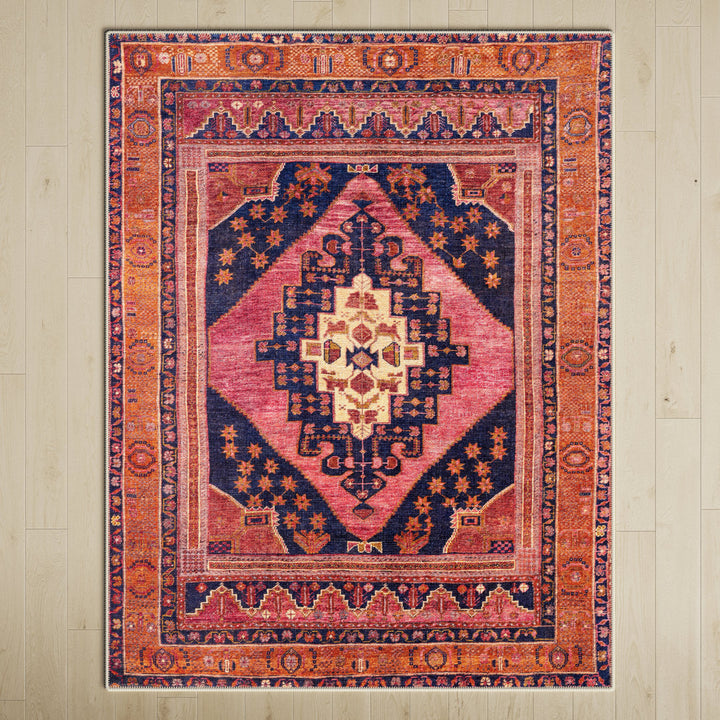 Westlake Machine Washable Oriental Dark Blue/Rose Area Rug Birch Lane™ Rug Size: Rectangle 7'10" x 10'2"