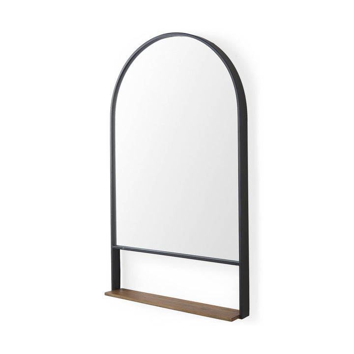 Alphonia 24.0"L x 3.9"W x 40.0"H Black Metal Frame W/ Brown Wooden Shelf Arched Wall Mirror Latitude Run®