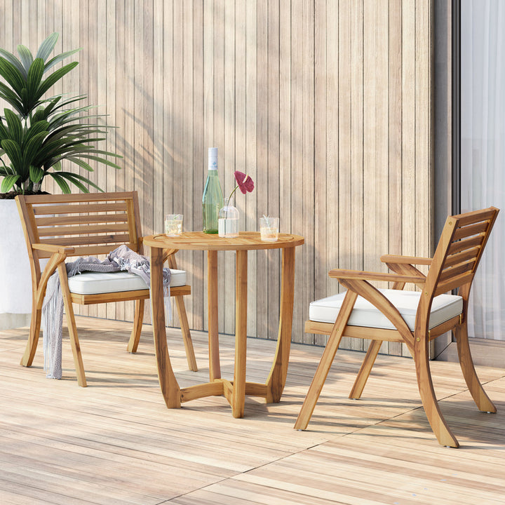 Round 2 - Person 28" Long Bistro Set with Cushions Red Barrel Studio® Frame Color/Cushion Color: Teak Frame/Cream Cushion