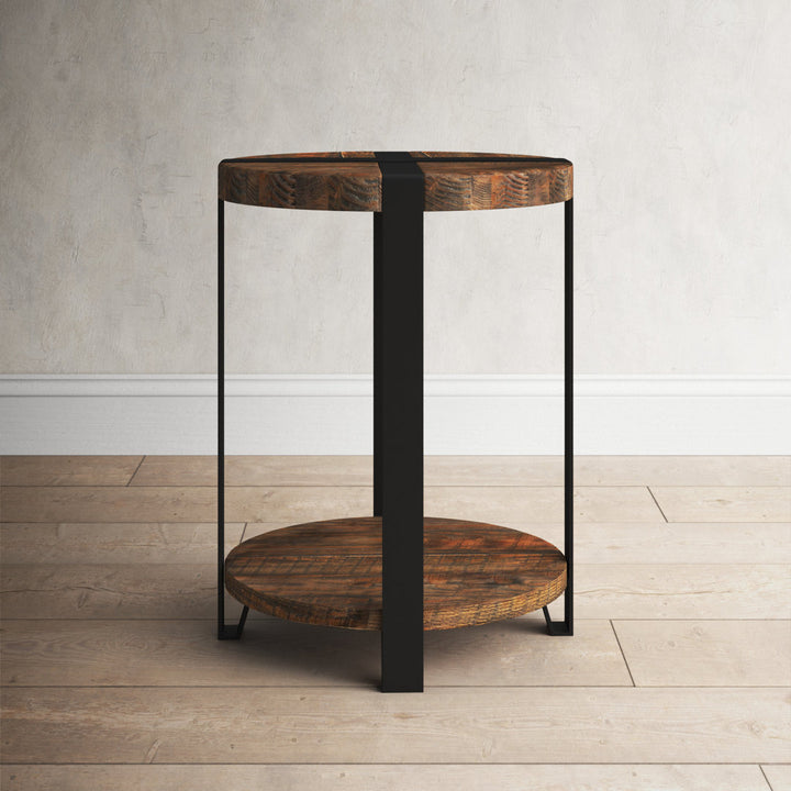 Lora 20" Dia Rustic Industrial Solid Wood and Metal Round End Table With 1 Shelf Birch Lane™