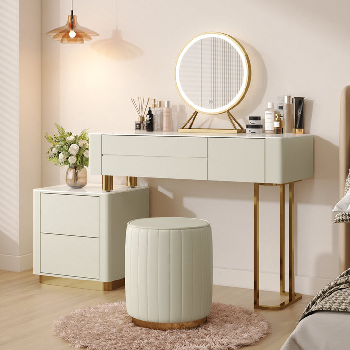 Edorta Vanity Desk with Mirror and Lights, Modern Makeup Vanity Table Set with 4 Storage Drawers and Vanity Stool Hokku Designs