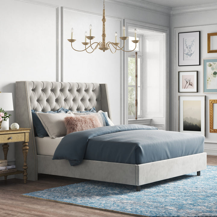 Annabel Upholstered Wingback Bed Kelly Clarkson Home Size: King Body Fabric: Mystere Dove Performance Velvet