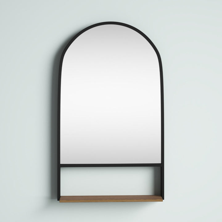 Alphonia 24.0"L x 3.9"W x 40.0"H Black Metal Frame W/ Brown Wooden Shelf Arched Wall Mirror Latitude Run®
