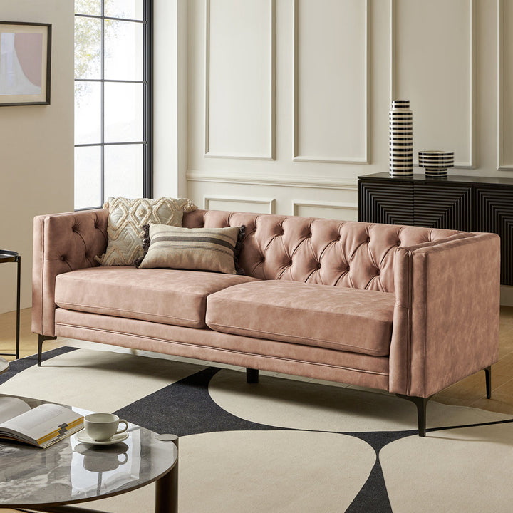 Brinna Contemporary 84" Upholstered Button-tufted Sofa with Metal Legs Wade Logan® Fabric: Pink Polyester