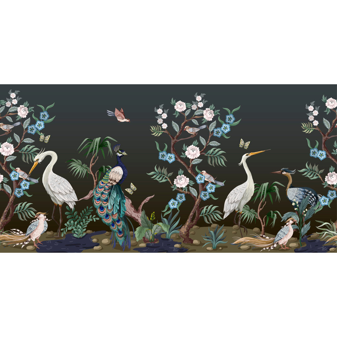 Chinoiserie with Birds and Peonies IV - Painting on Canvas East Urban Home Size: 24" H x 32" W x 1" D Format: Gold Floater Frame