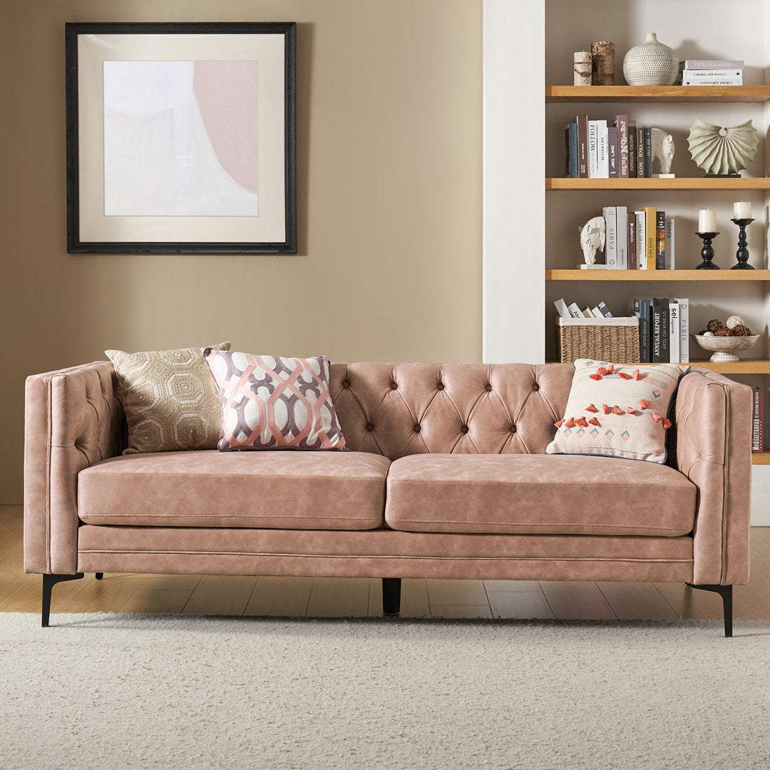 Brinna Contemporary 84" Upholstered Button-tufted Sofa with Metal Legs Wade Logan® Fabric: Pink Polyester