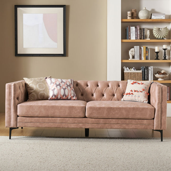 Brinna Contemporary 84" Upholstered Button-tufted Sofa with Metal Legs Wade Logan® Fabric: Pink Polyester