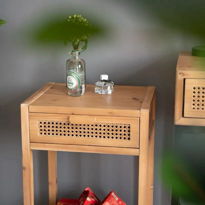 Armands Modern Minimalism Nightstand End Table Side Table with Woven Pattern Drawer and Shelf Union Rustic Color: Light Brown