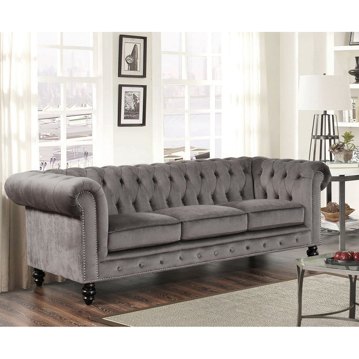 Ophelie 87" Rolled Arm Chesterfield Sofa Birch Lane™ Fabric: Smoke Grey Velvet