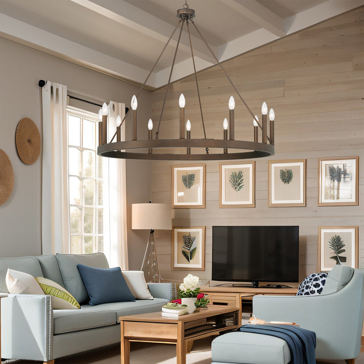 Avalee 12 - Light Living Room Steel Dimmable Candle Style Wagon Wheel Chandelier Lark Manor™ Finish: Oil Rubbed Bronze