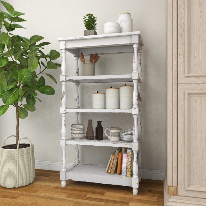 Adella White Wood Distressed Open 5 Shelf Shelving Unit with Spindle Sides and Mesh Kelly Clarkson Home