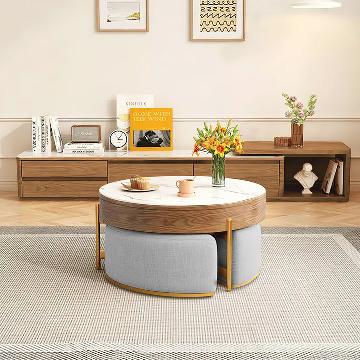 Modern Round Faux Marble Lift-Top Coffee Table Set with Stools and Storage Everly Quinn