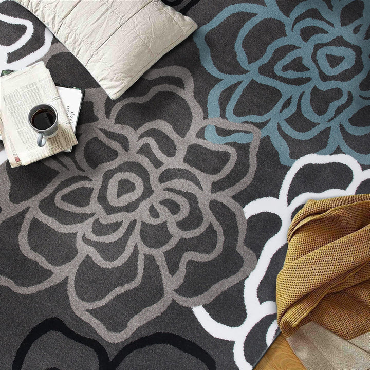 Carius Performance Floral Gray/Blue/Black/White Area Rug Winston Porter Rug Size: Rectangle 6'6" x 9'