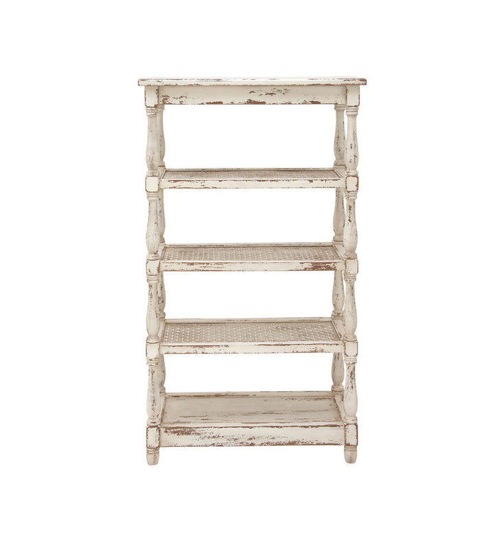 Adella White Wood Distressed Open 5 Shelf Shelving Unit with Spindle Sides and Mesh Kelly Clarkson Home