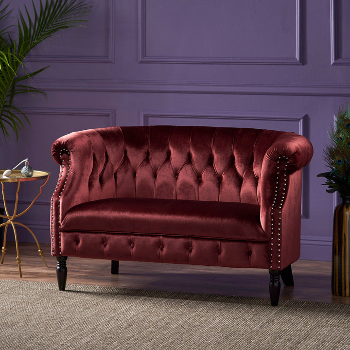 Charlotte 51.5" Velvet Rolled Arm Chesterfield Loveseat Mercer41 Fabric: Garnet Velvet