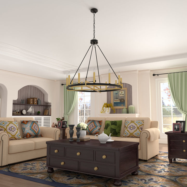 Avalee 12 - Light Living Room Steel Dimmable Wagon Wheel Chandelier UL Certified Lark Manor™ Finish: Classic Black/Contemporary Brass