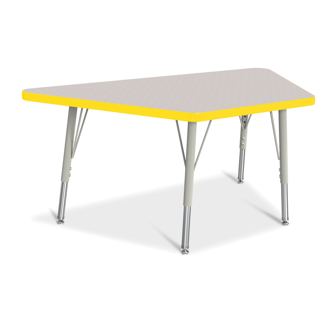 Berries® Trapezoid Activity Tables Jonti-Craft Size: 28" W x 48" D (Elementary size: 15" - 24" H) Side Finish: Freckled Gray with Yellow Rainbow Accent