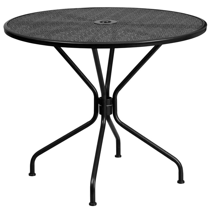 Chanea 35.25" Round Indoor-Outdoor Steel Patio Table-Umbrella Hole-Restaurant Seating Wade Logan®