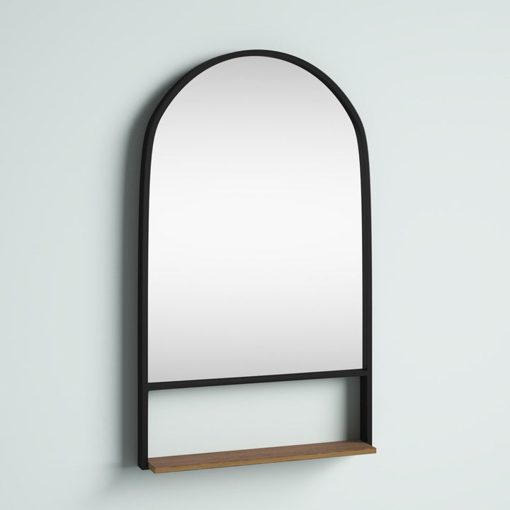 Alphonia 24.0"L x 3.9"W x 40.0"H Black Metal Frame W/ Brown Wooden Shelf Arched Wall Mirror Latitude Run®