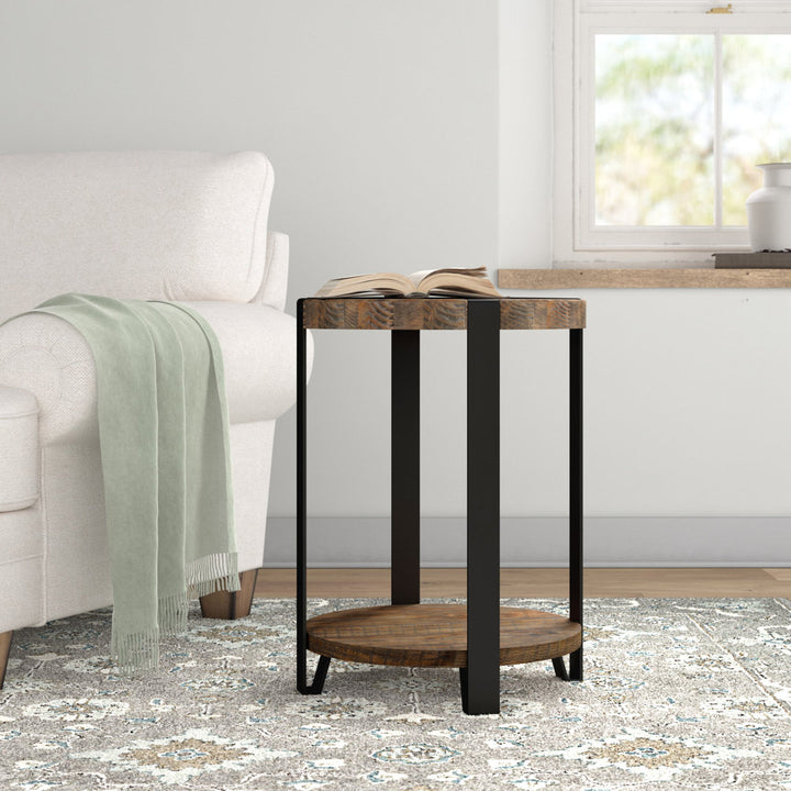 Lora 20" Dia Rustic Industrial Solid Wood and Metal Round End Table With 1 Shelf Birch Lane™