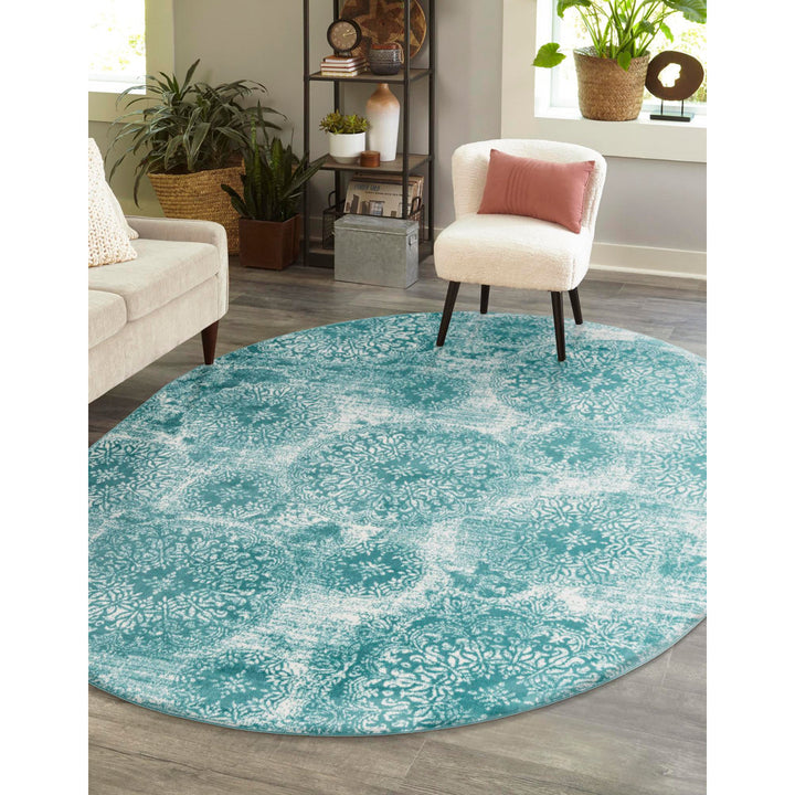 Coblitz Damask Turquoise Area Rug Dakota Fields Rug Size: Oval 7'10" x 10'