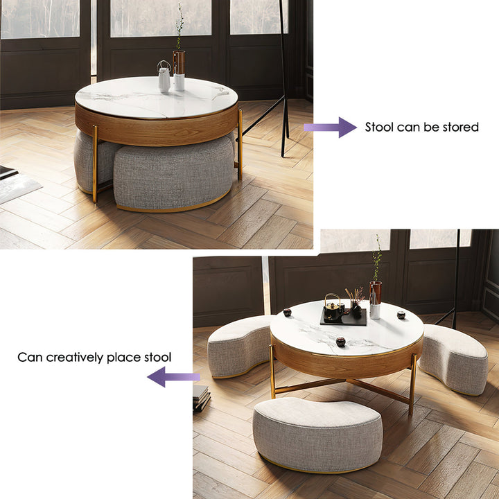 Modern Round Faux Marble Lift-Top Coffee Table Set with Stools and Storage Everly Quinn