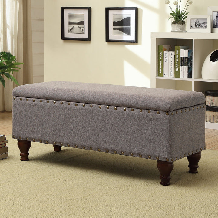 Collantes Upholstered Storage Bench Alcott Hill® Upholstery: Grey/Brushed Brass Nailhead