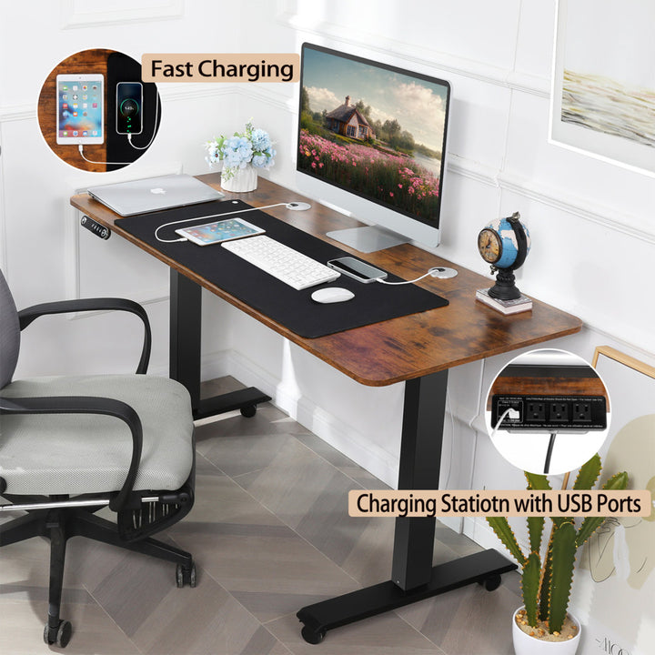 Kashif 55'' Electric Height Adjustable Standing Desk With 2 USB Ports, 3 Power Outlets, and 4 Casters, 2 Hooks, Big Mouse Pad Inbox Zero Color: Brown