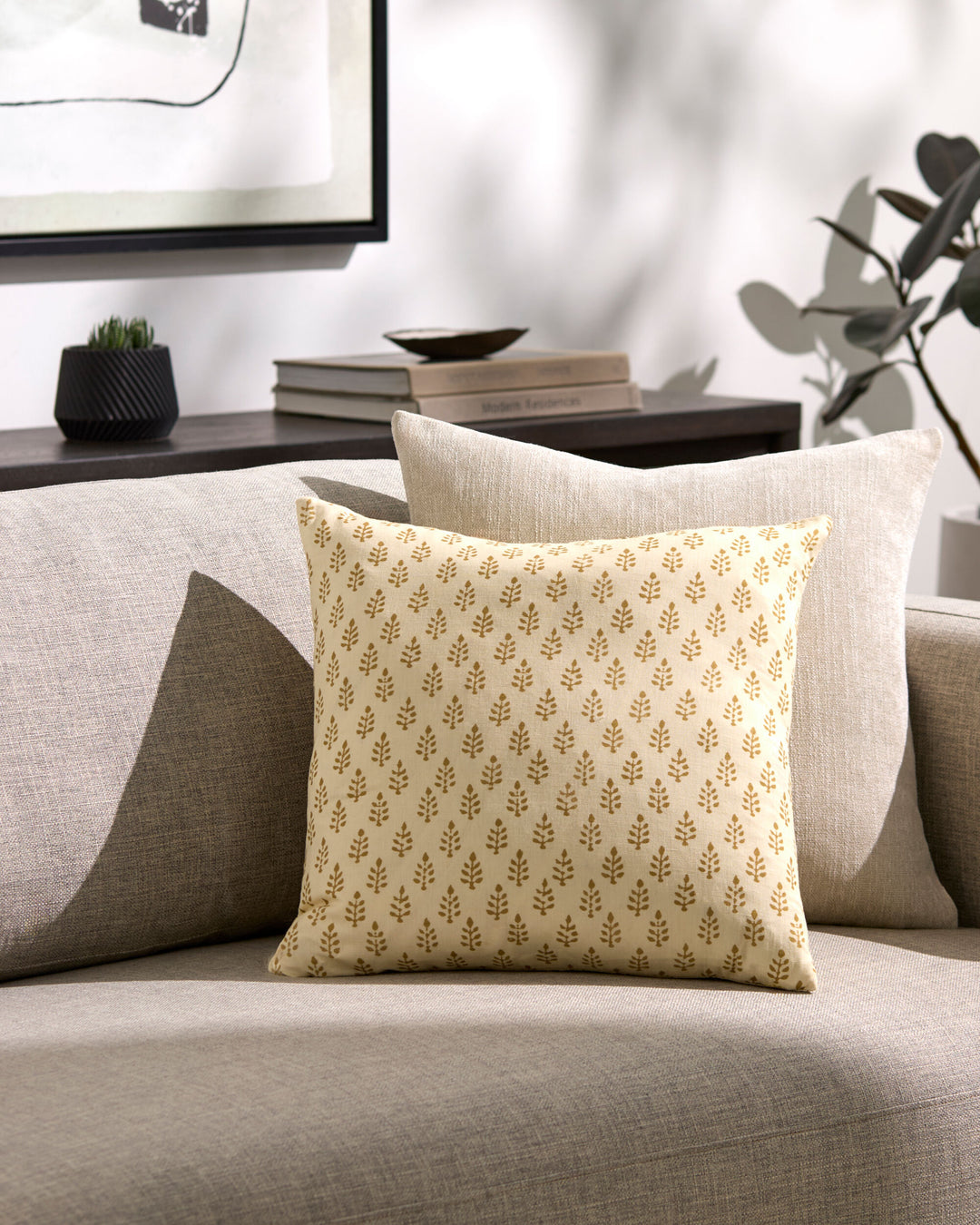 Gigi Block Print Pillow - Mustard/Beige 18x18 w Poly Insert