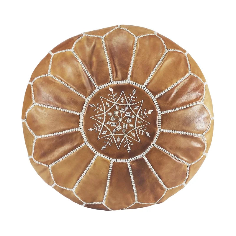 Genuine Leather Round Floral Pouf Ottoman