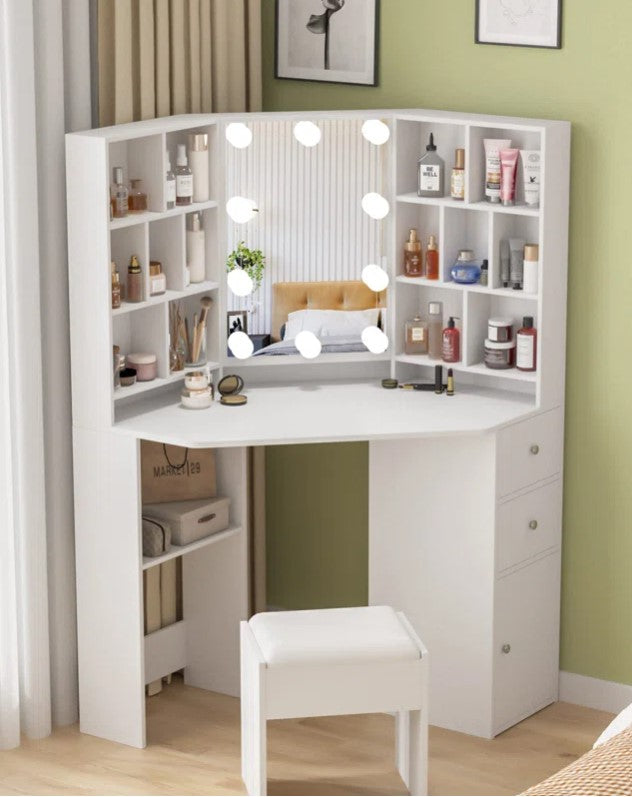 Wide Corner Vanity Set with Stool and Mirror