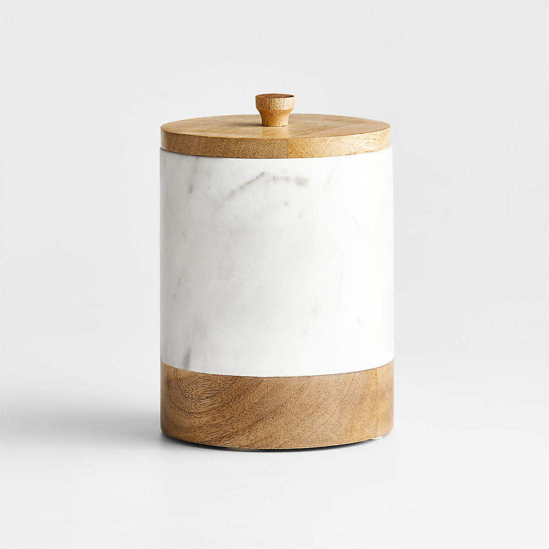 Medium White Marble Canister with Wood Lid-Medium