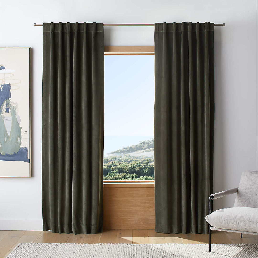 Ficus Green Cotton Velvet Window Curtain Panel 96