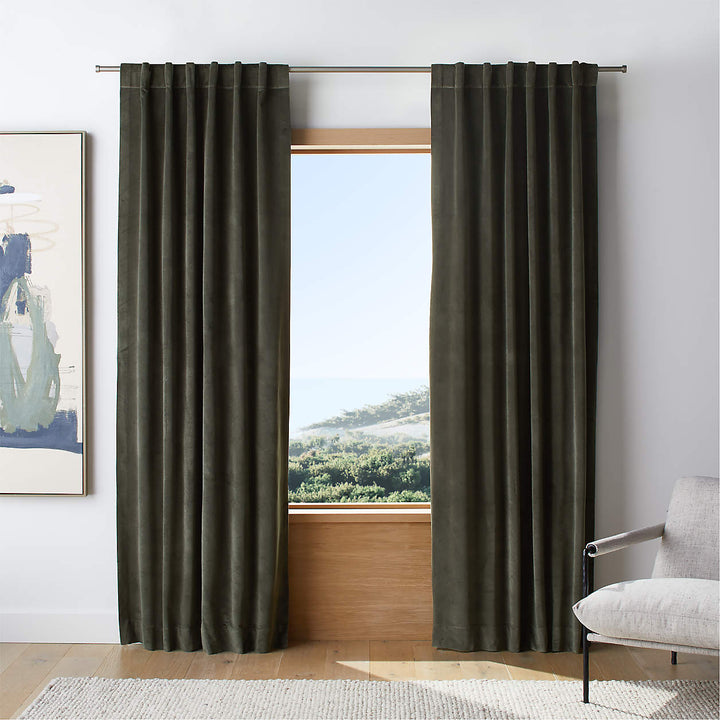 Ficus Green Cotton Velvet Window Curtain Panel 96