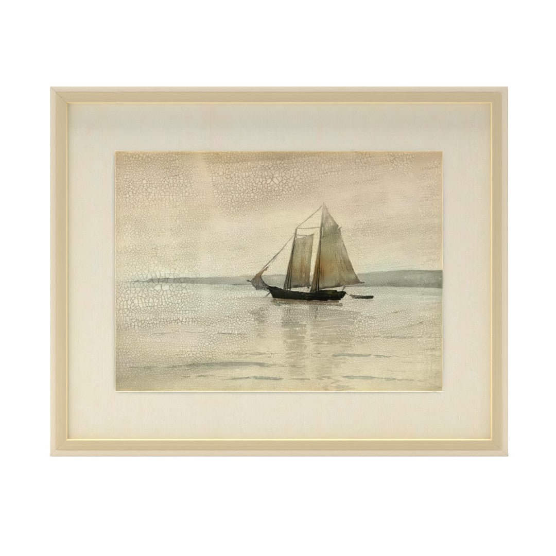 Caroline Coastal Beach Beige Sailboat Seascape Painting I With Frame 26"x21"
