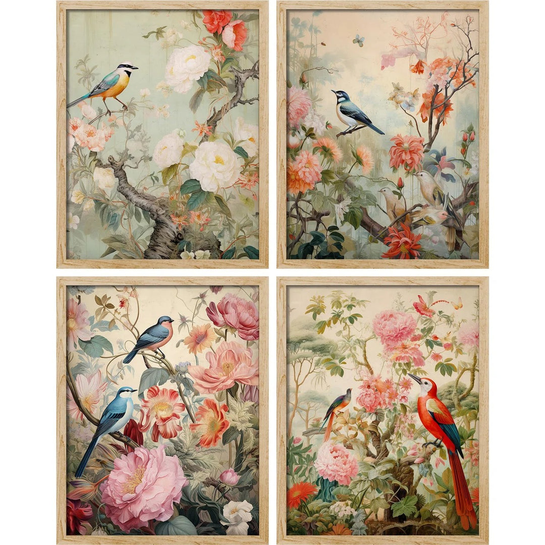Birds On Flower Framed Wall Art 4 Pieces Paper Print Set of 4