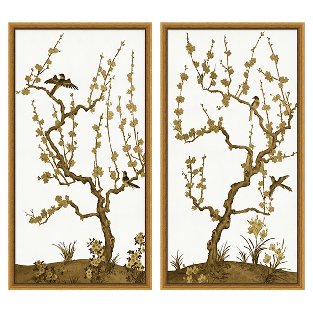 Golden Hollywood Regency Yellow Botanical Diptych Mixed Media With Frame Set of 2