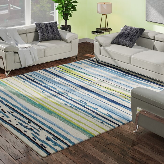 Dedrick Striped Handmade Looped Hooked Blue Light Green Indoor Outdoor Area Rug-10'x14'