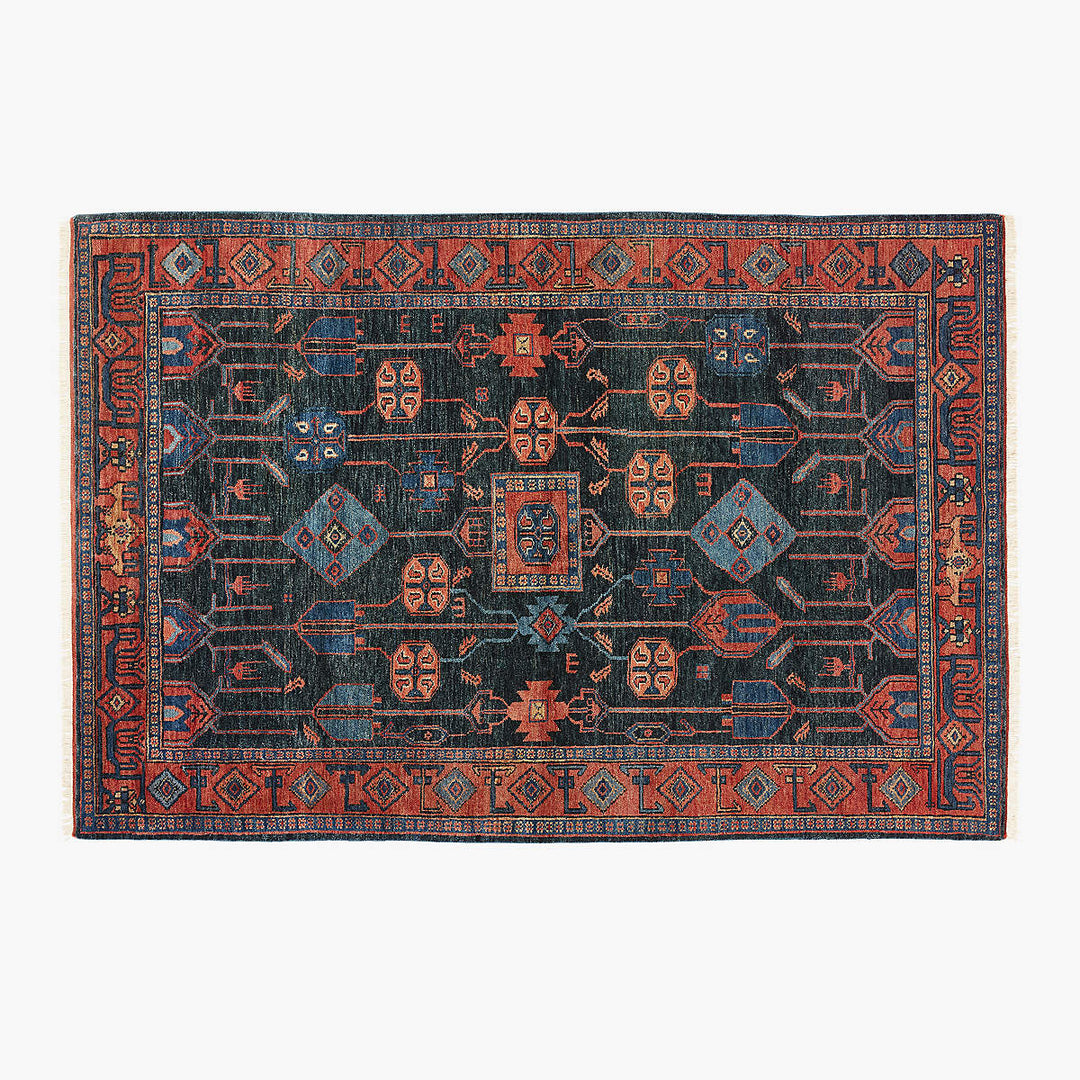 Eros Hand Knotted Red and Blue Area Rug 6'x9'