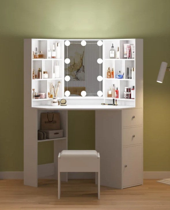 Wide Corner Vanity Set with Stool and Mirror