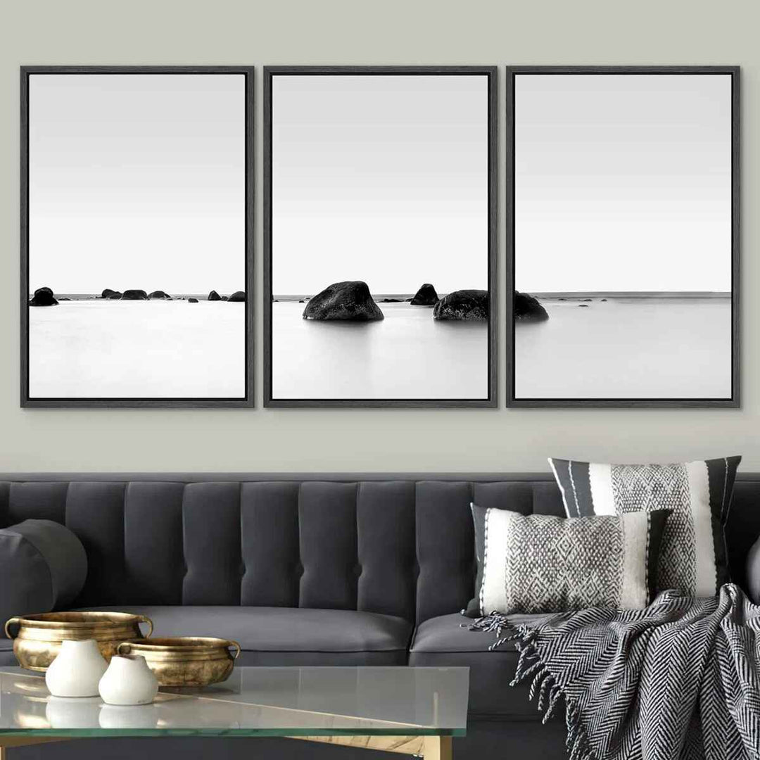 Framed Canvas Print Wall Art Set Black and White Rocky Lake Zen Seascape 3