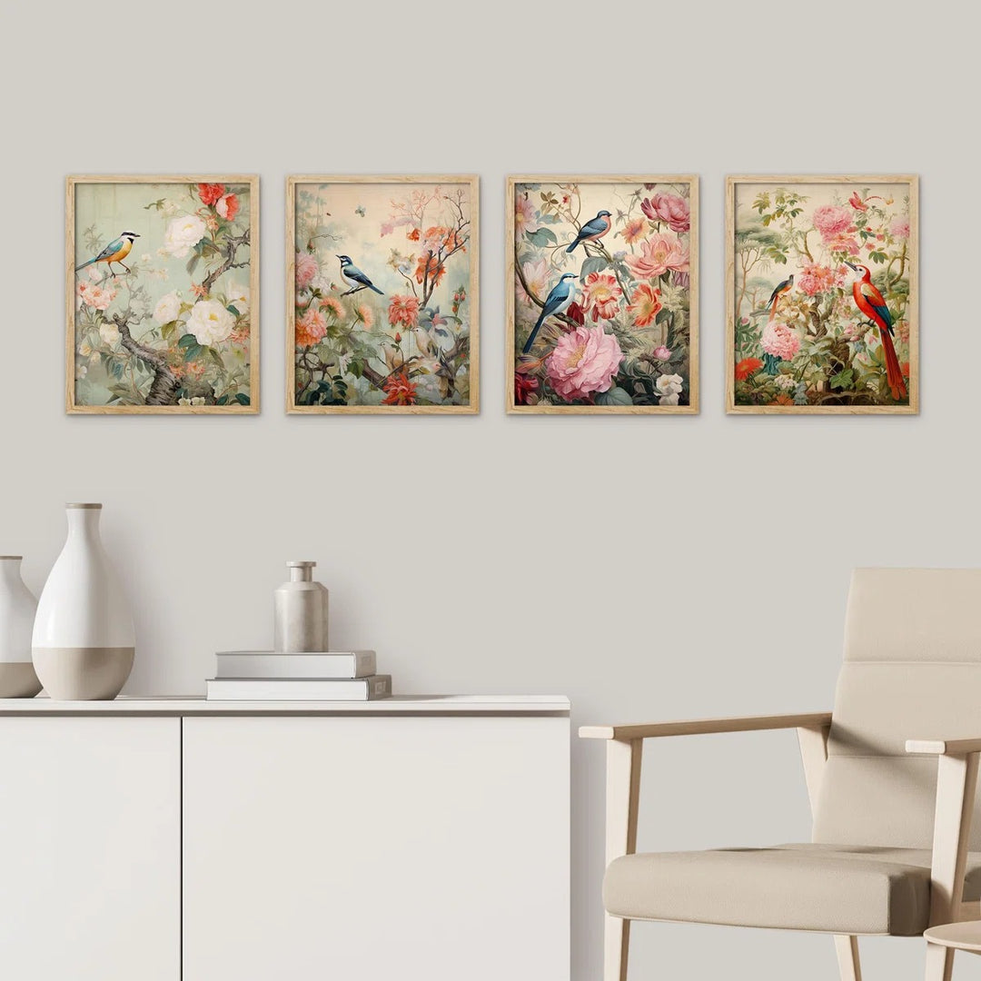 Birds On Flower Framed Wall Art 4 Pieces Paper Print Set of 4