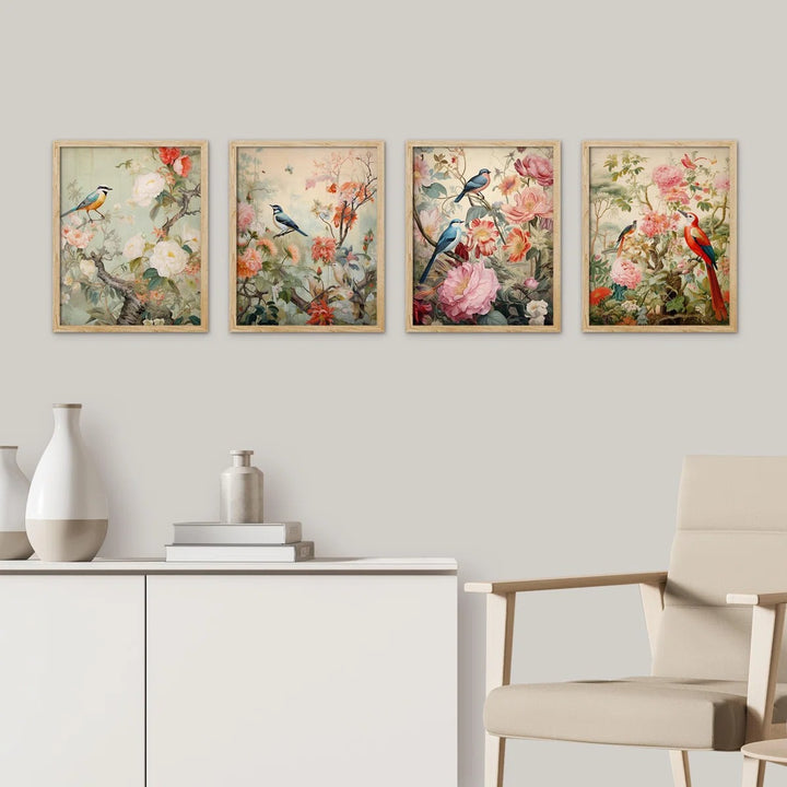Birds On Flower Framed Wall Art 4 Pieces Paper Print Set of 4