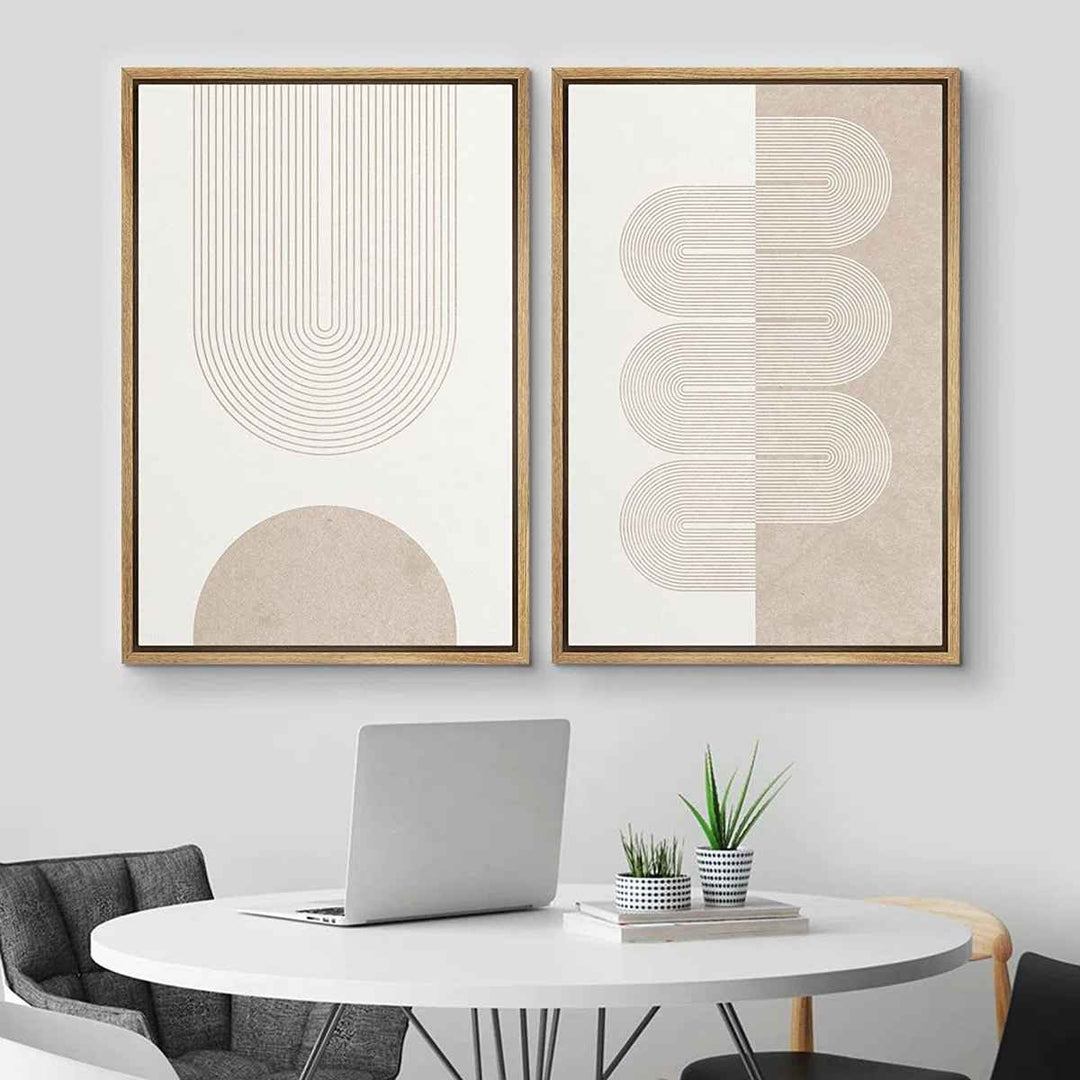 Mid Century Modern Wall Art Pastel Tan White Geometric Wave Ribbons 2